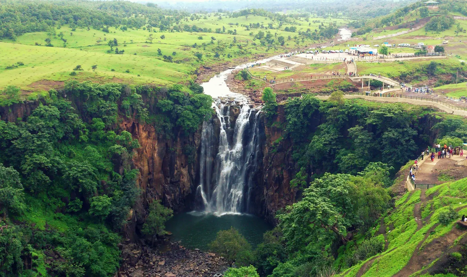 Patalpani waterfall near Indore plunging into a green, forested gorge in the monsoon